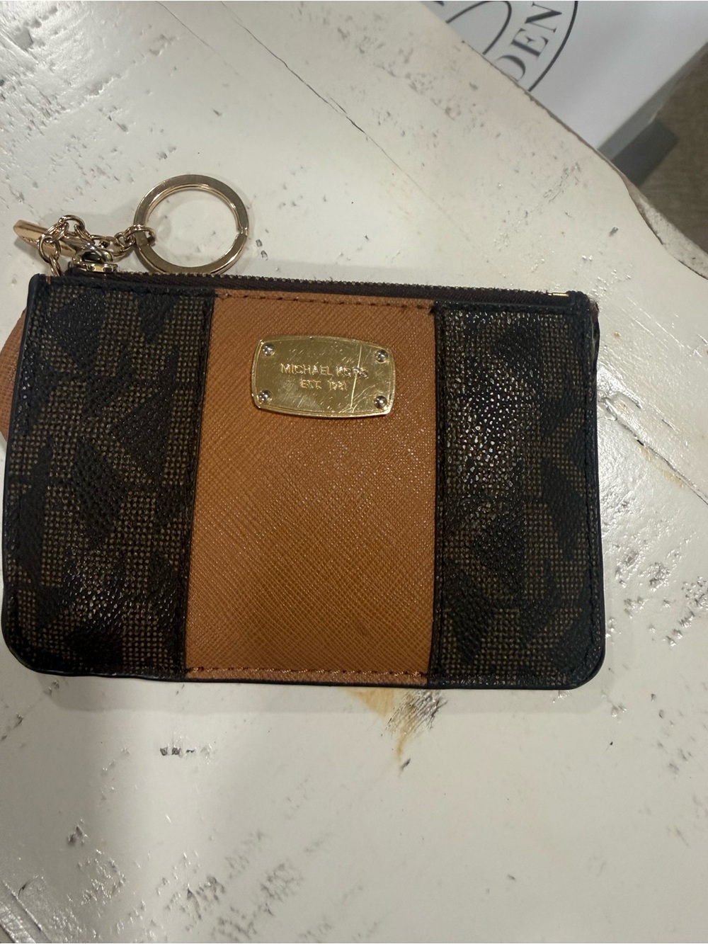 Michael Kors Brown and Tan Logo Card Case with Keyring